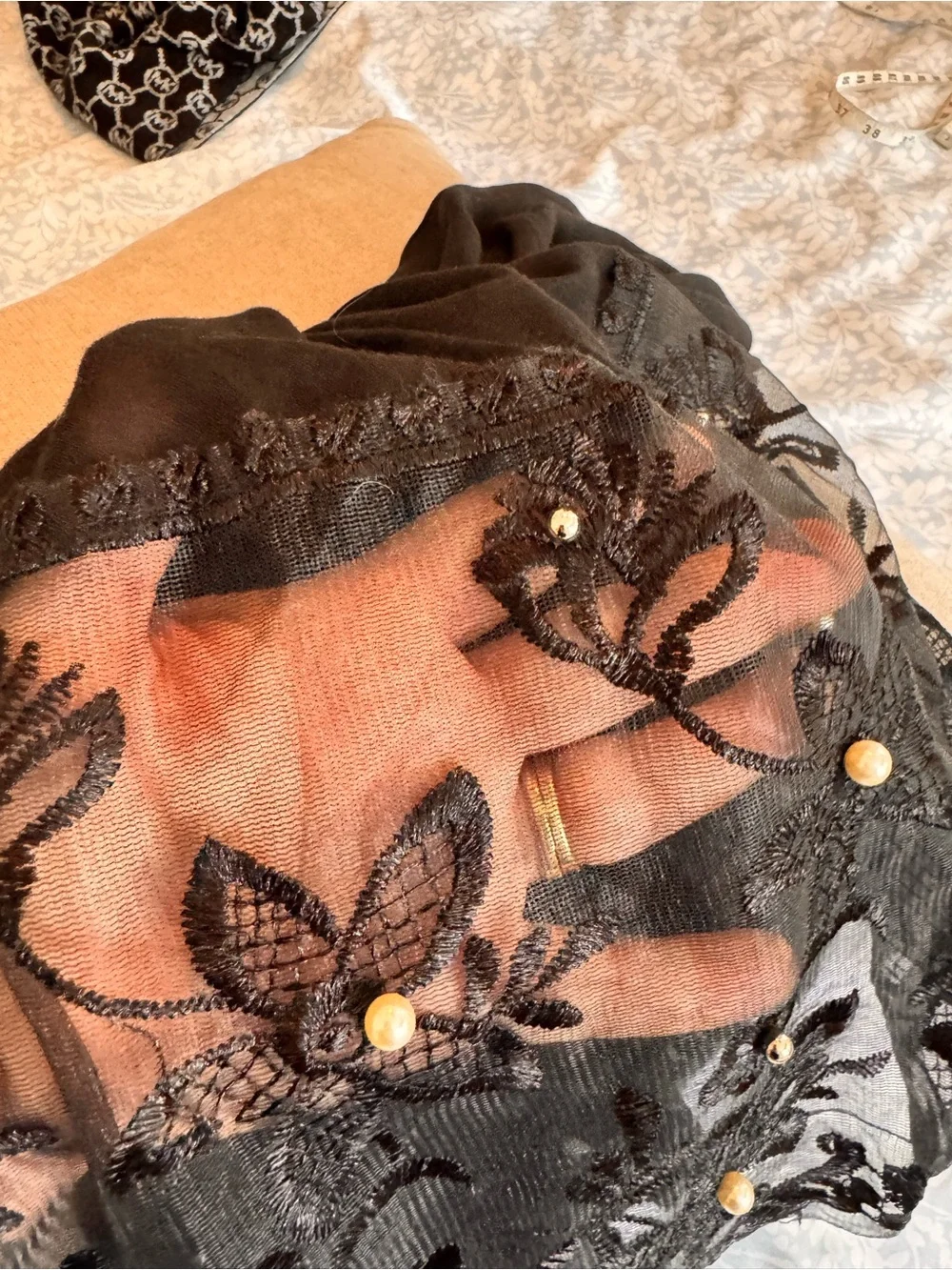 Black Lace Pearl Accent Scarf - Women Accessories